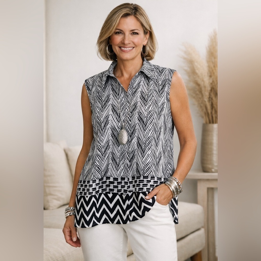 Chicos Womens Blouse Sz 3 16 18 Black White Herringbone Print Sleeveless Top
